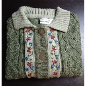 VTG Fashion Bug Chunky Green Knit Embellished Cardigan Sweater Women XL #425C